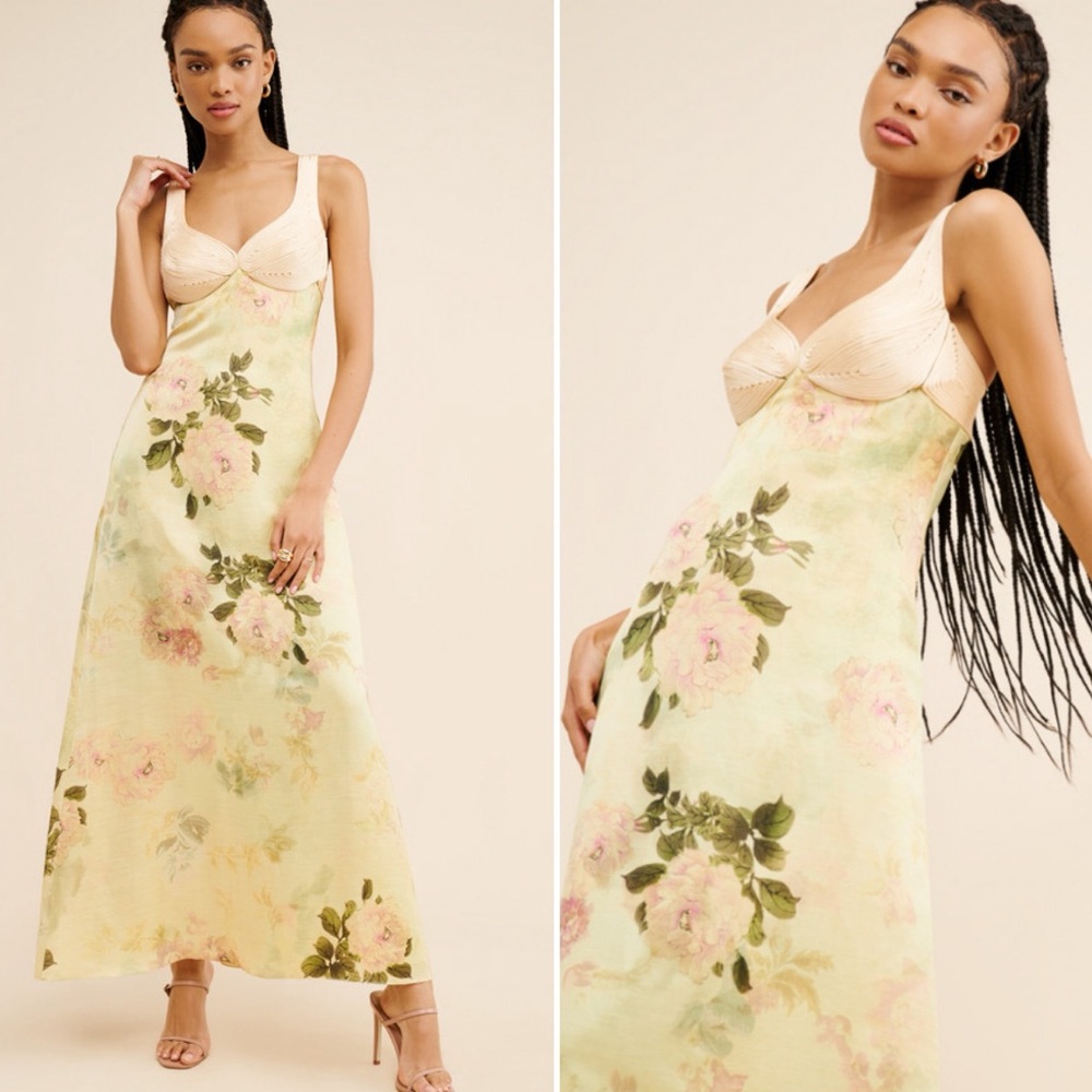 Anthropologie Geisha Designs Floral Maxi Slip Dress in Light Yellow size large